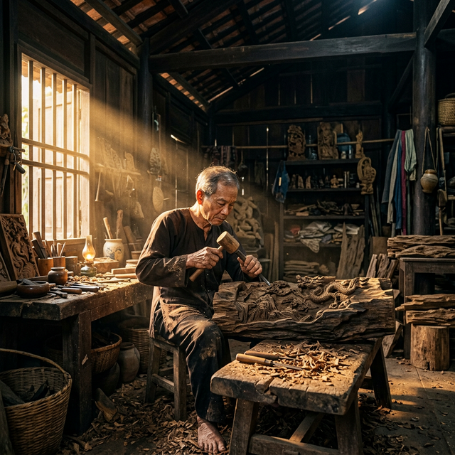 Artisan meticulously working on agarwood